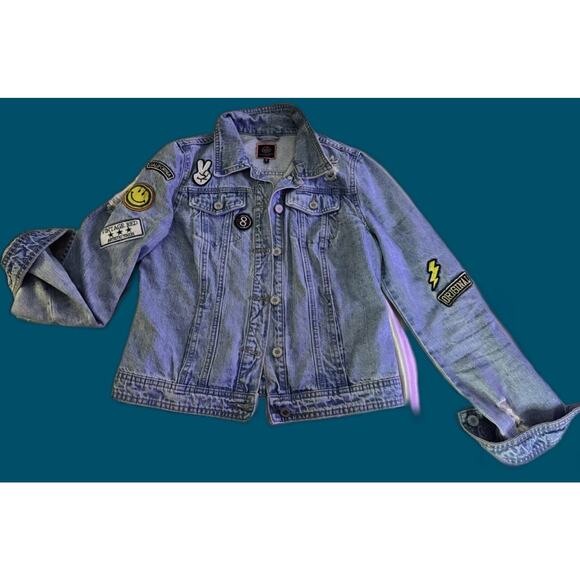 Boom Boom Distressed Jean Jacket Patches Trucker Y2k Festival Cropped Grunge - Picture 1 of 10